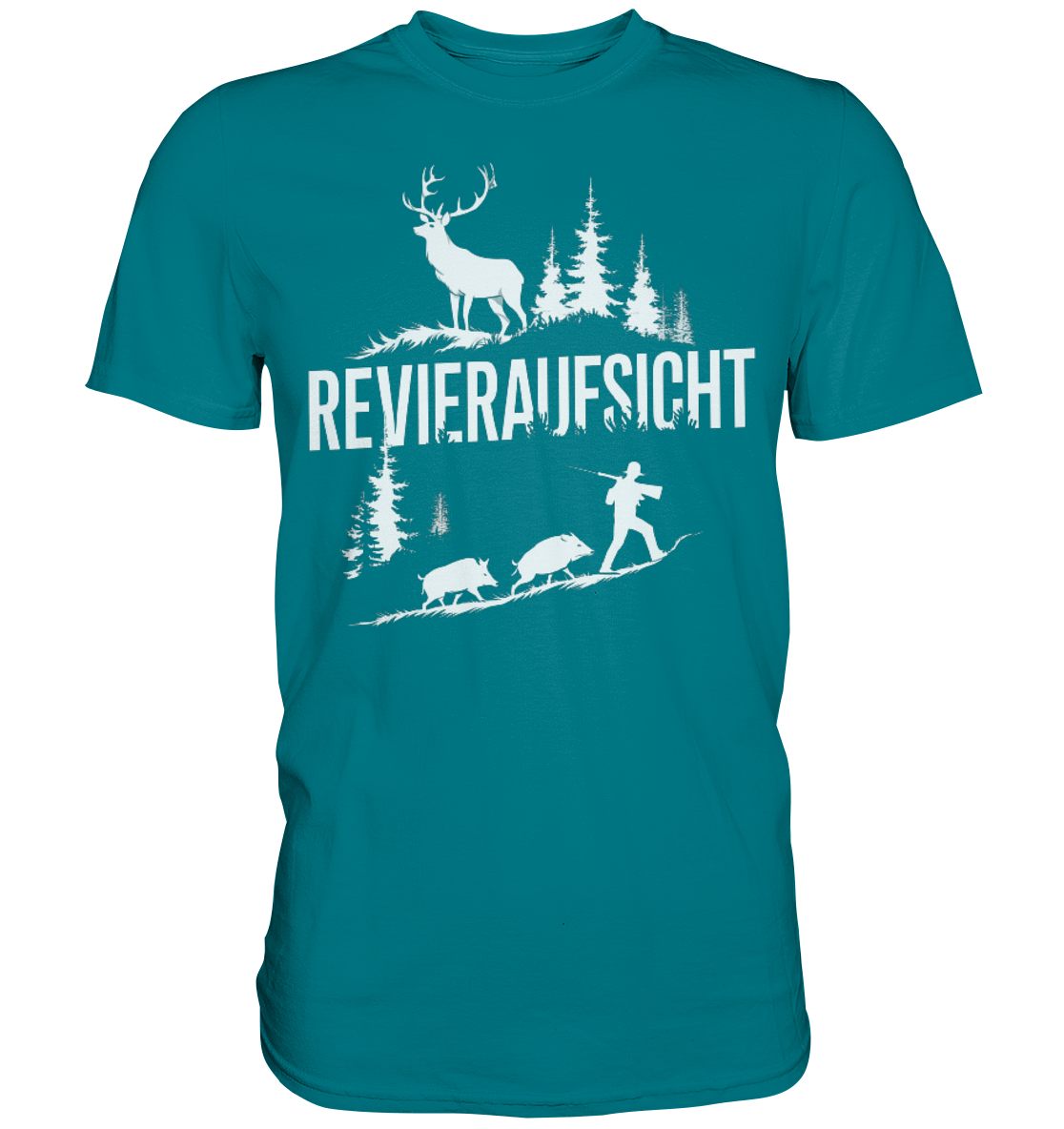 Revieraufsicht Premium Shirt in Petrol mit weissem Aufdruck aus Hirsch und Nadelbaeumen, Frontansicht