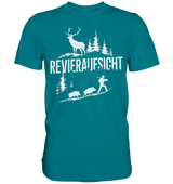 Revieraufsicht Premium Shirt in Petrol mit weissem Aufdruck aus Hirsch und Nadelbaeumen, Frontansicht