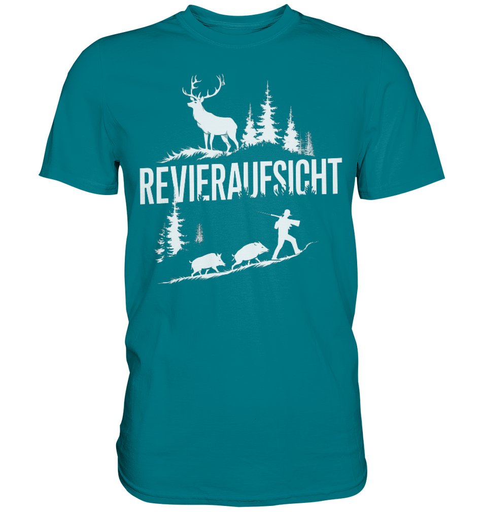 Revieraufsicht Premium Shirt in Petrol mit weissem Aufdruck aus Hirsch und Nadelbaeumen, Frontansicht