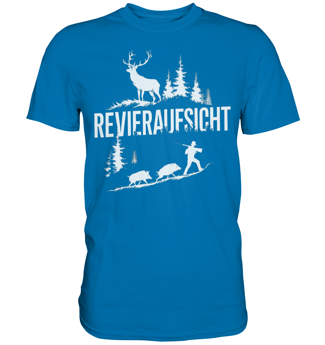 Revieraufsicht Premium Shirt in Blau mit Jagdmotiv aus Hirsch und zwei Wildschweinen, Frontansicht des Shirts