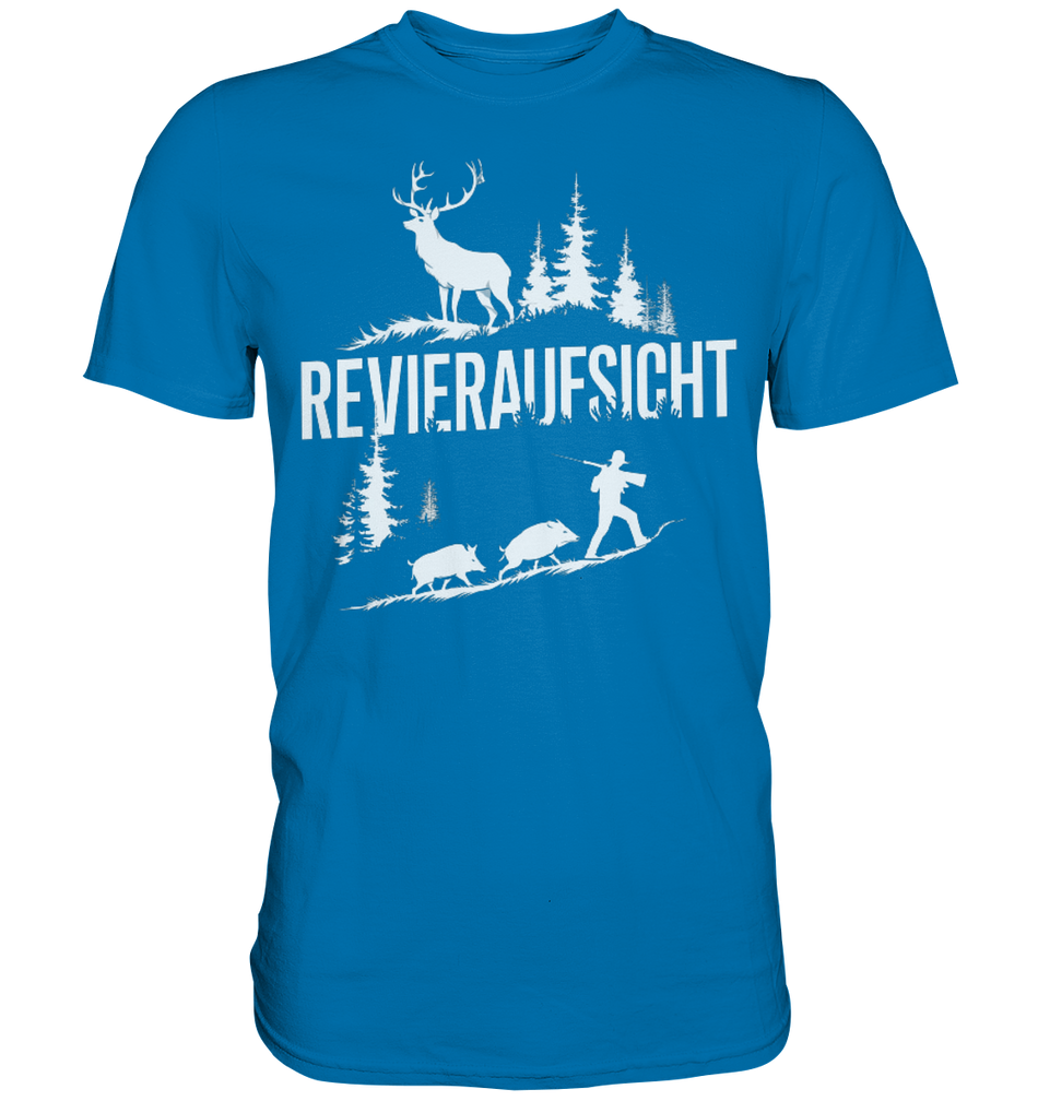 Revieraufsicht Premium Shirt in Blau mit Jagdmotiv aus Hirsch und zwei Wildschweinen, Frontansicht des Shirts