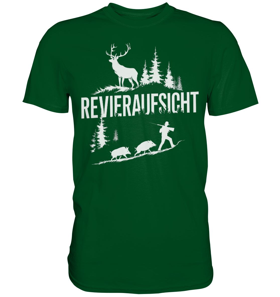 Revieraufsicht Premium Shirt in Dunkelgruen mit weissem Print von Hirsch, Baeumen und Jaeger, Frontansicht