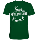 Revieraufsicht Premium Shirt in Dunkelgruen mit weissem Print von Hirsch, Baeumen und Jaeger, Frontansicht