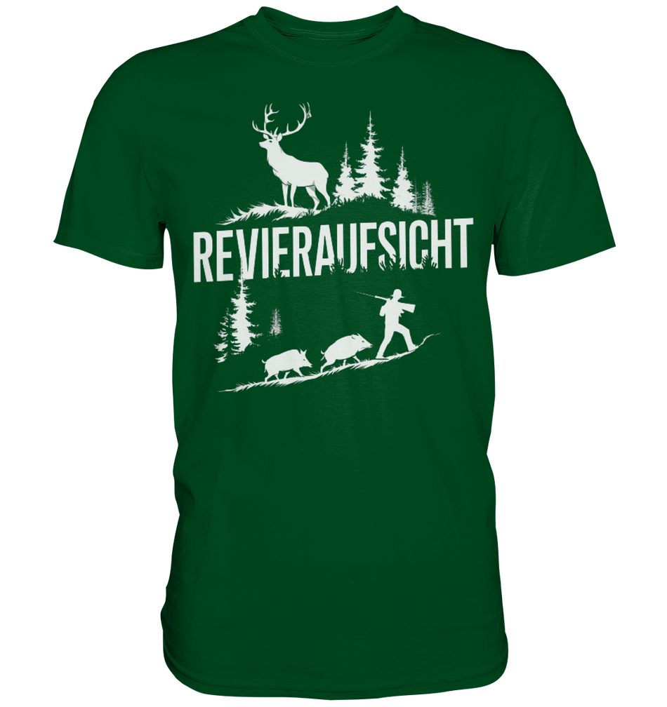 Revieraufsicht Premium Shirt in Dunkelgruen mit weissem Print von Hirsch, Baeumen und Jaeger, Frontansicht
