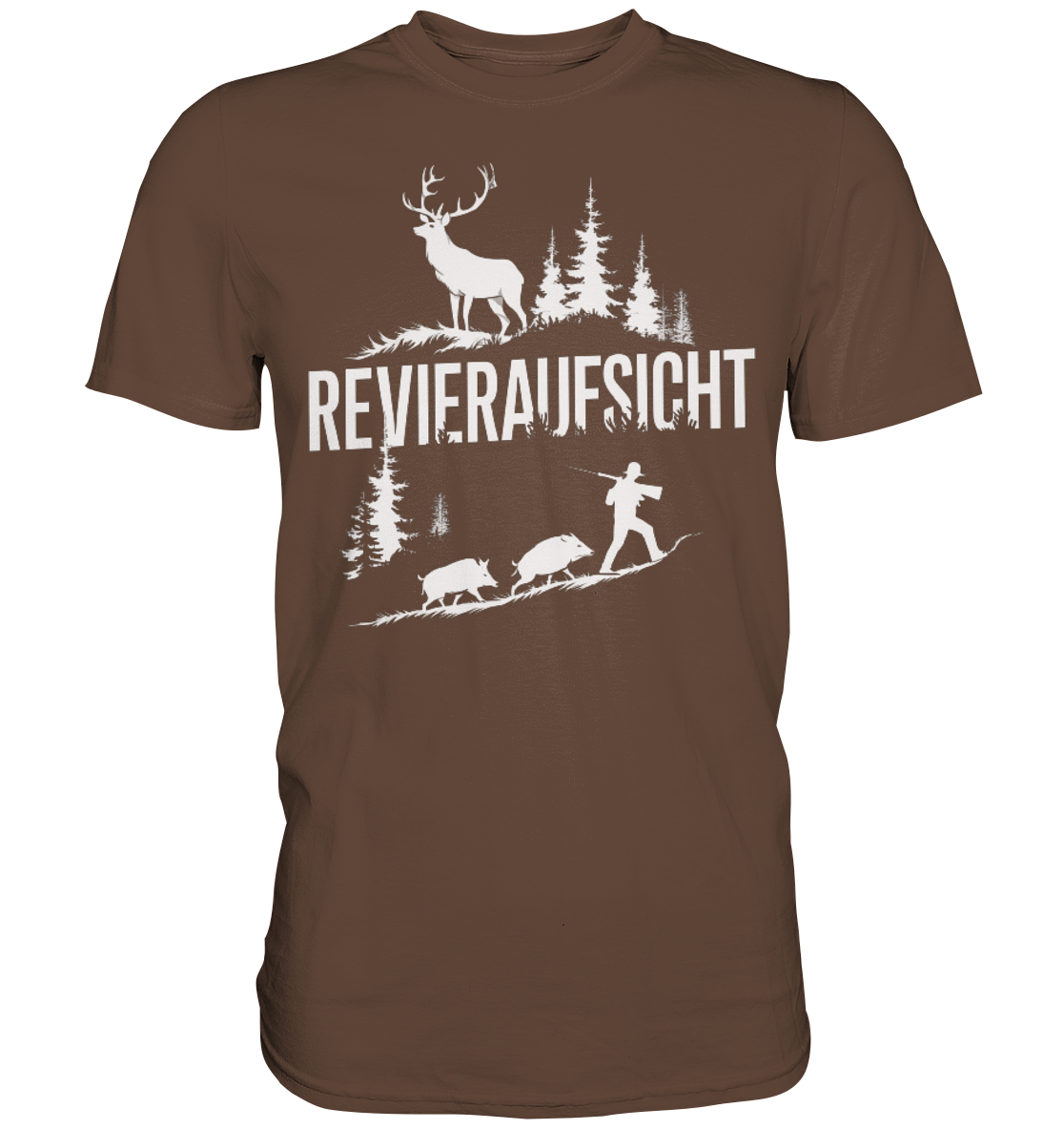 Revieraufsicht Premium Shirt in Braun mit Hirschmotiv und Schriftzug Revieraufsicht, Frontansicht des T-Shirts