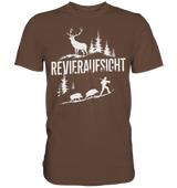 Revieraufsicht Premium Shirt in Braun mit Hirschmotiv und Schriftzug Revieraufsicht, Frontansicht des T-Shirts