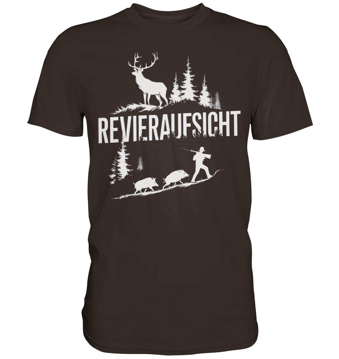 Revieraufsicht Premium Shirt in Dunkelbraun mit weissem Aufdruck aus Hirsch und Jaeger vor Wildschweinen, Frontansicht