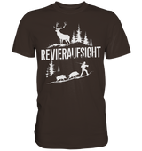 Revieraufsicht Premium Shirt in Dunkelbraun mit weissem Aufdruck aus Hirsch und Jaeger vor Wildschweinen, Frontansicht