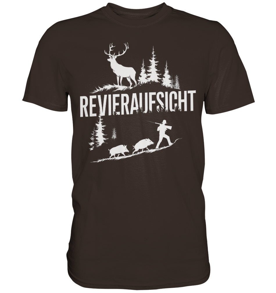 Revieraufsicht Premium Shirt in Dunkelbraun mit weissem Aufdruck aus Hirsch und Jaeger vor Wildschweinen, Frontansicht