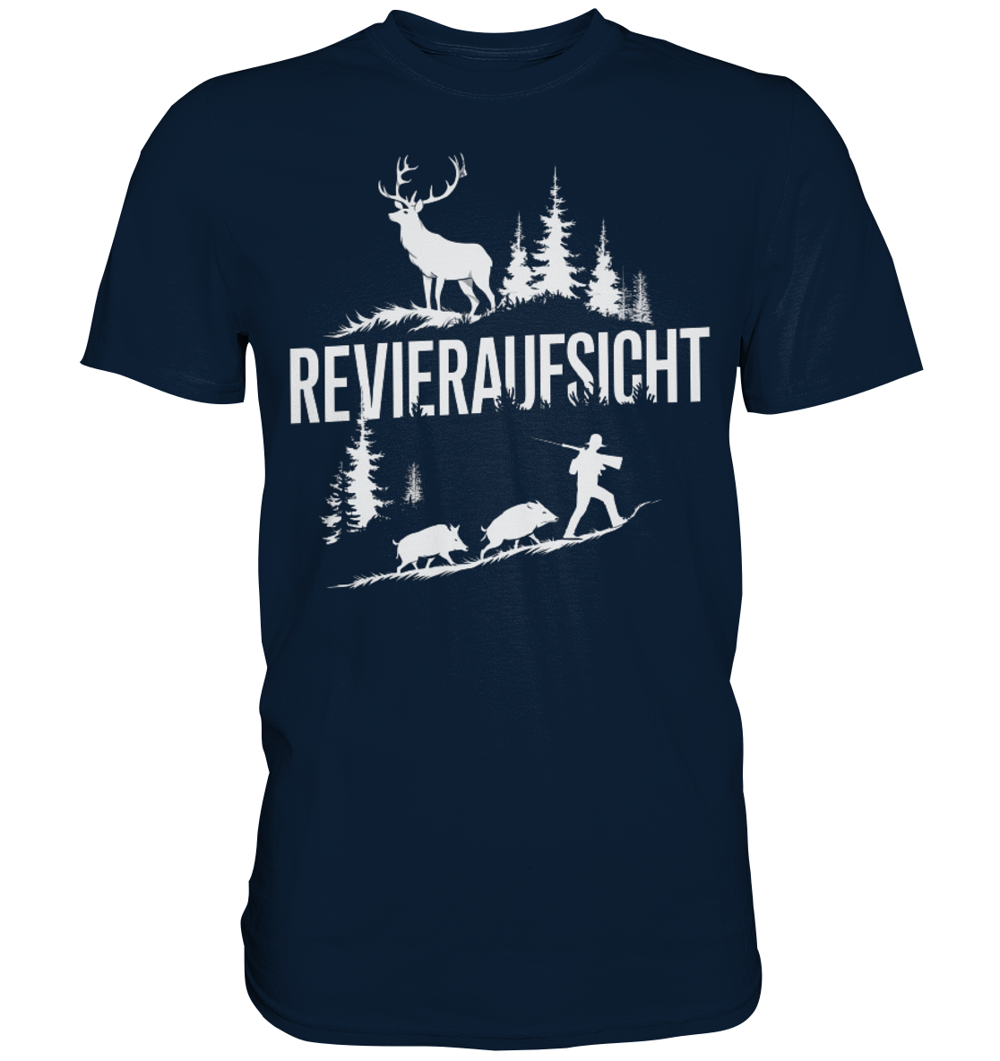 Revieraufsicht Premium Shirt in Navyblau mit Hirsch- und Jagdmotiv in Weiss, Frontansicht des kurzaermeligen Shirts