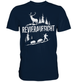 Revieraufsicht Premium Shirt in Navyblau mit Hirsch- und Jagdmotiv in Weiss, Frontansicht des kurzaermeligen Shirts