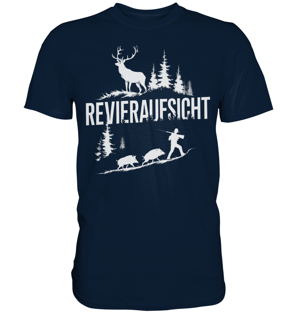 Revieraufsicht Premium Shirt in Navyblau mit Hirsch- und Jagdmotiv in Weiss, Frontansicht des kurzaermeligen Shirts