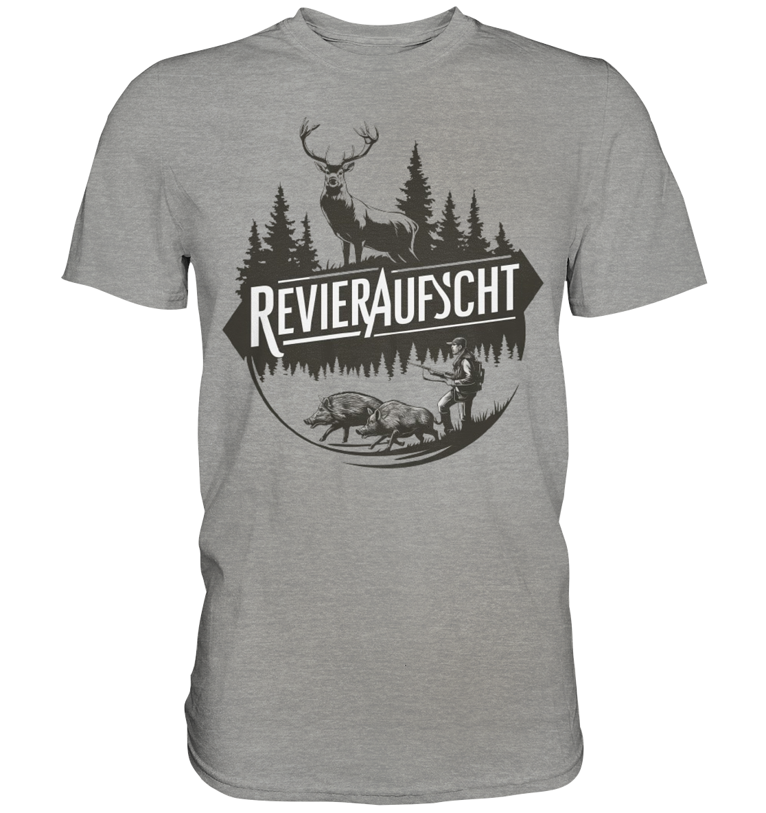 Revieraufsicht Shirt in Grau meliert, Frontansicht mit Hirsch-Silhouette und Jaeger vor Wildschweinen