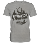 Revieraufsicht Shirt in Grau meliert, Frontansicht mit Hirsch-Silhouette und Jaeger vor Wildschweinen