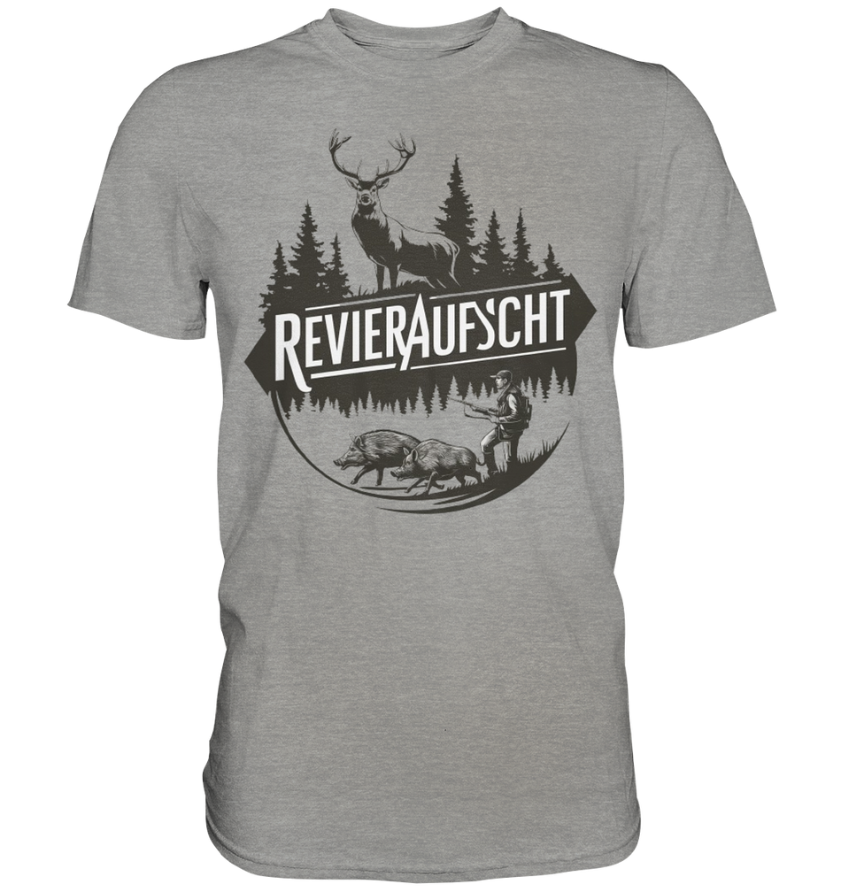 Revieraufsicht Shirt in Grau meliert, Frontansicht mit Hirsch-Silhouette und Jaeger vor Wildschweinen