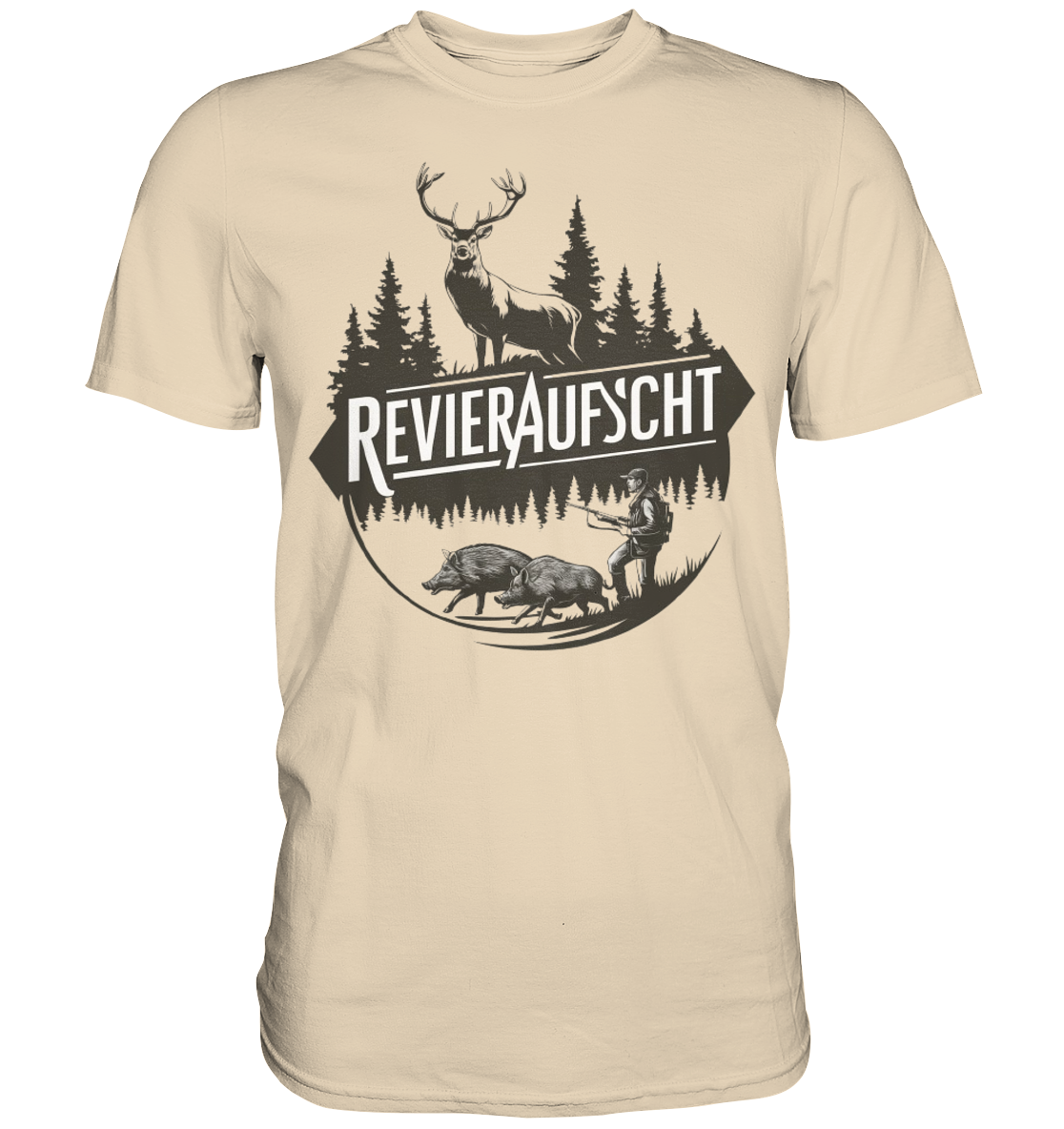 Revieraufsicht Shirt in Sandfarben, Rundmotiv mit Hirsch, Tannen und Jaeger hinter zwei Wildschweinen