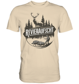 Revieraufsicht Shirt in Sandfarben, Rundmotiv mit Hirsch, Tannen und Jaeger hinter zwei Wildschweinen