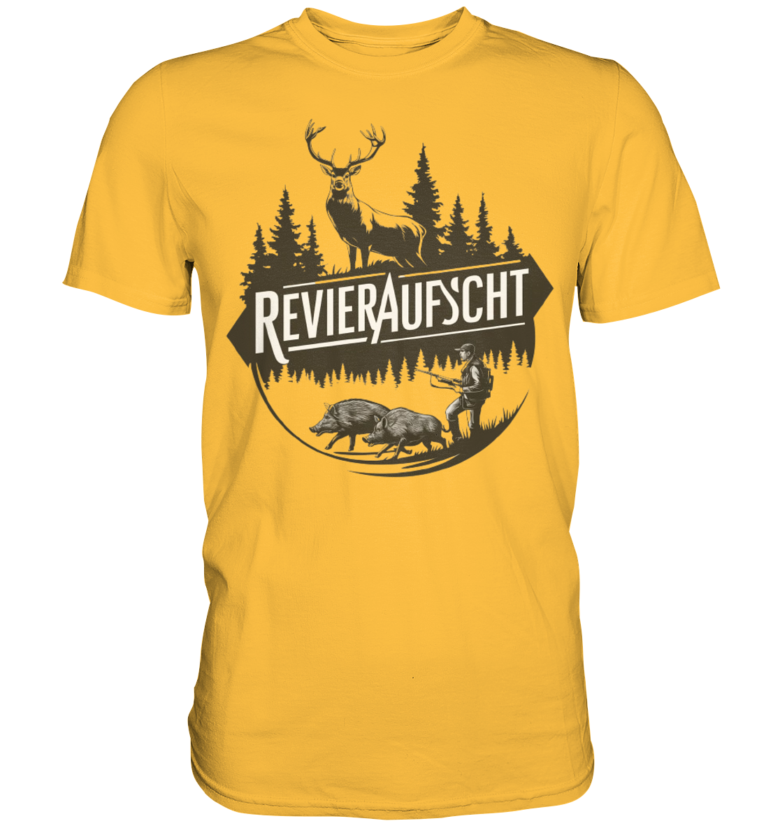 Revieraufsicht Shirt in Gelb, Vorderansicht mit Hirsch, Waldsilhouette und Jaeger bei zwei Wildschweinen