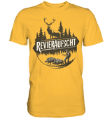 Revieraufsicht Shirt in Gelb, Vorderansicht mit Hirsch, Waldsilhouette und Jaeger bei zwei Wildschweinen