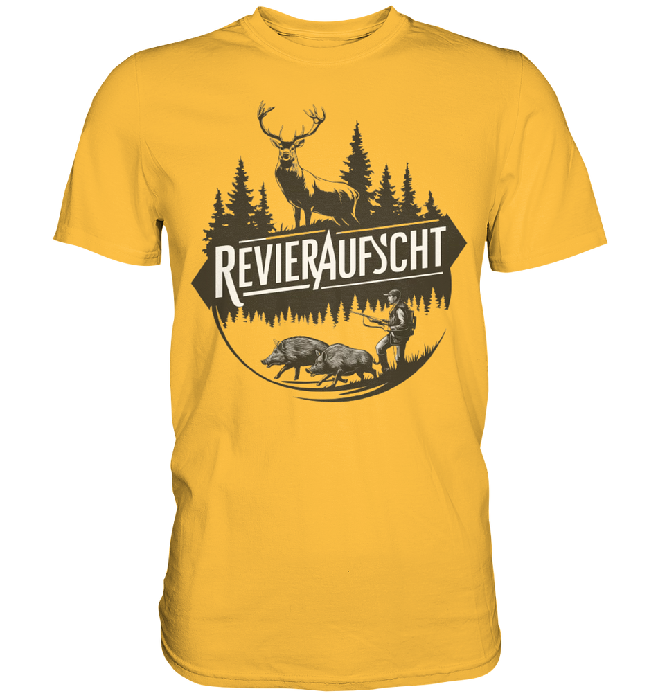 Revieraufsicht Shirt in Gelb, Vorderansicht mit Hirsch, Waldsilhouette und Jaeger bei zwei Wildschweinen