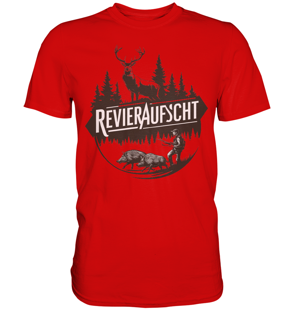 Revieraufsicht Shirt in Rot, Rundprint zeigt Hirsch, Tannenwald und Jaeger mit zwei Wildschweinen