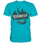 Revieraufsicht Shirt in Tuerkis, Frontansicht mit Hirsch, Tannen und Jaeger neben zwei Wildschweinen