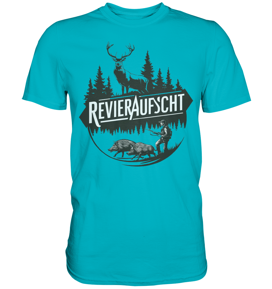Revieraufsicht Shirt in Tuerkis, Frontansicht mit Hirsch, Tannen und Jaeger neben zwei Wildschweinen