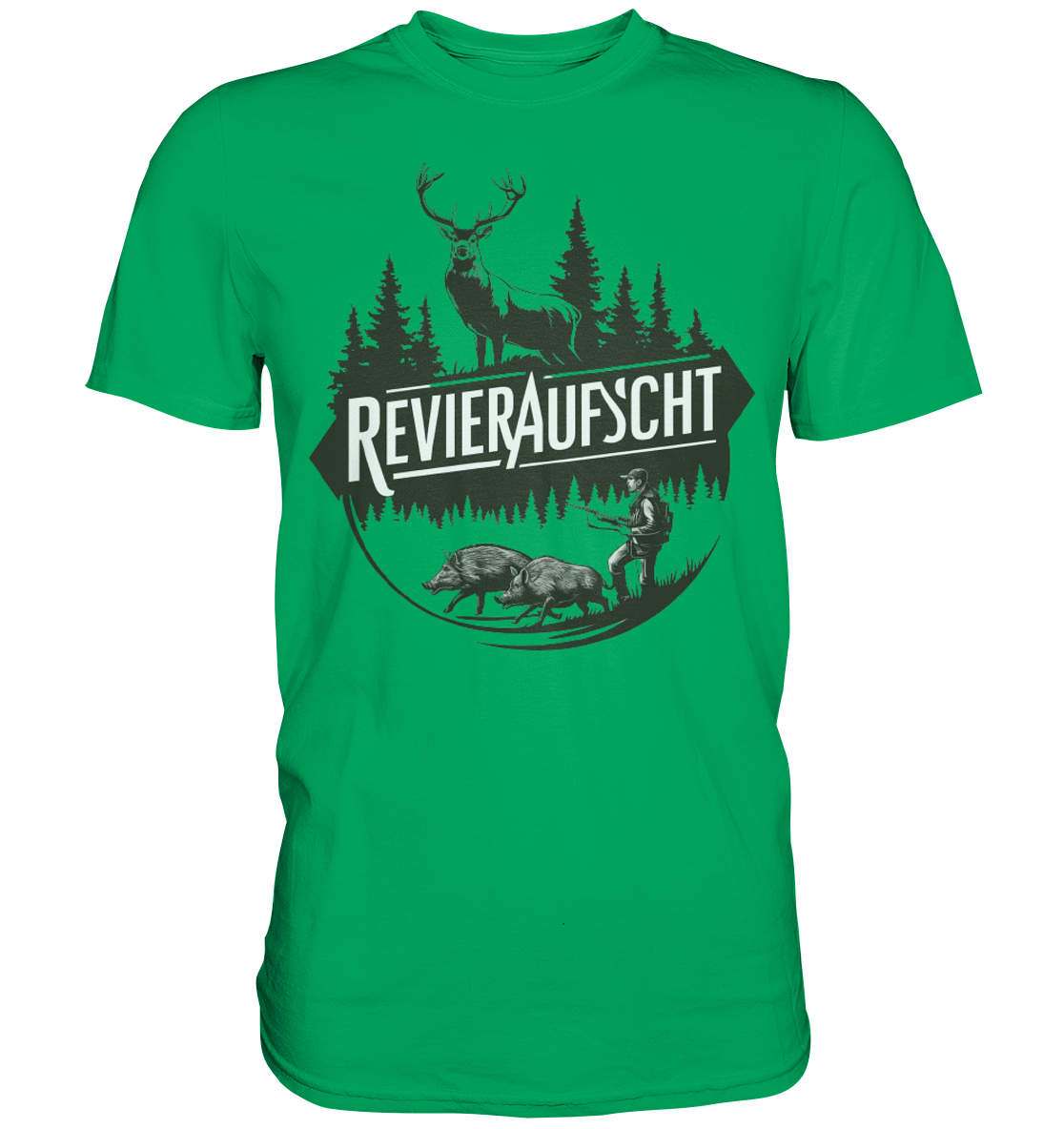 Revieraufsicht Shirt in Gruen, Rundmotiv mit Hirsch-Silhouette, Wald und Jaeger vor Wildschweinen