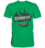 Revieraufsicht Shirt in Gruen, Rundmotiv mit Hirsch-Silhouette, Wald und Jaeger vor Wildschweinen