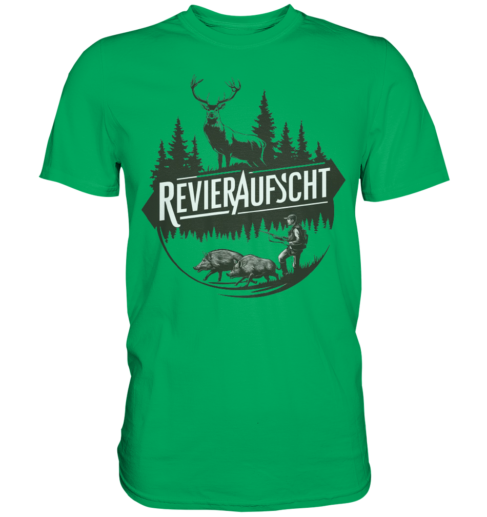 Revieraufsicht Shirt in Gruen, Rundmotiv mit Hirsch-Silhouette, Wald und Jaeger vor Wildschweinen