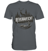 Revieraufsicht Shirt in Anthrazit, Vorderansicht mit Hirsch, Tannenwald und Jaeger bei zwei Wildschweinen