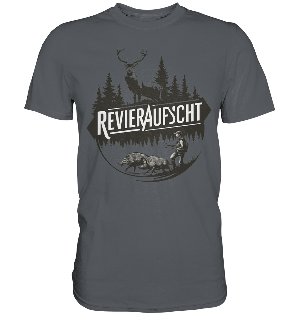 Revieraufsicht Shirt in Anthrazit, Vorderansicht mit Hirsch, Tannenwald und Jaeger bei zwei Wildschweinen