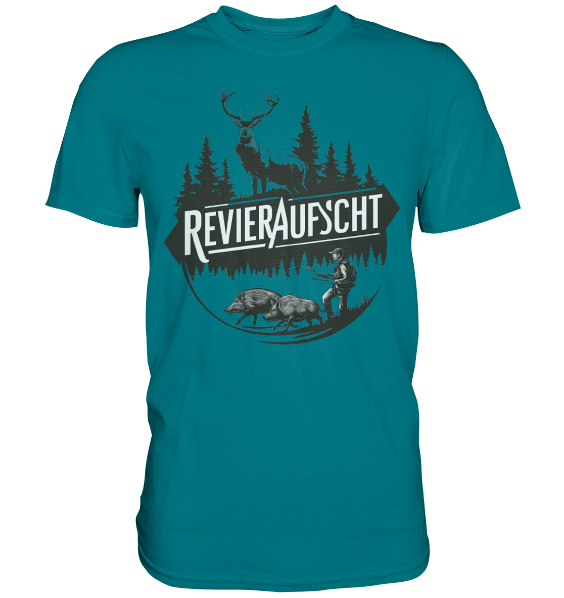 Revieraufsicht Shirt in Petrol, Rundprint mit Hirsch, Tannen und Jaeger hinter zwei Wildschweinen