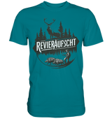 Revieraufsicht Shirt in Petrol, Rundprint mit Hirsch, Tannen und Jaeger hinter zwei Wildschweinen