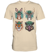 Wilde Jagd-Styles Shirt, sandfarbenes Shirt mit Hase, Hirsch, Fuchs und Wildschwein in Hut und Sonnenbrille