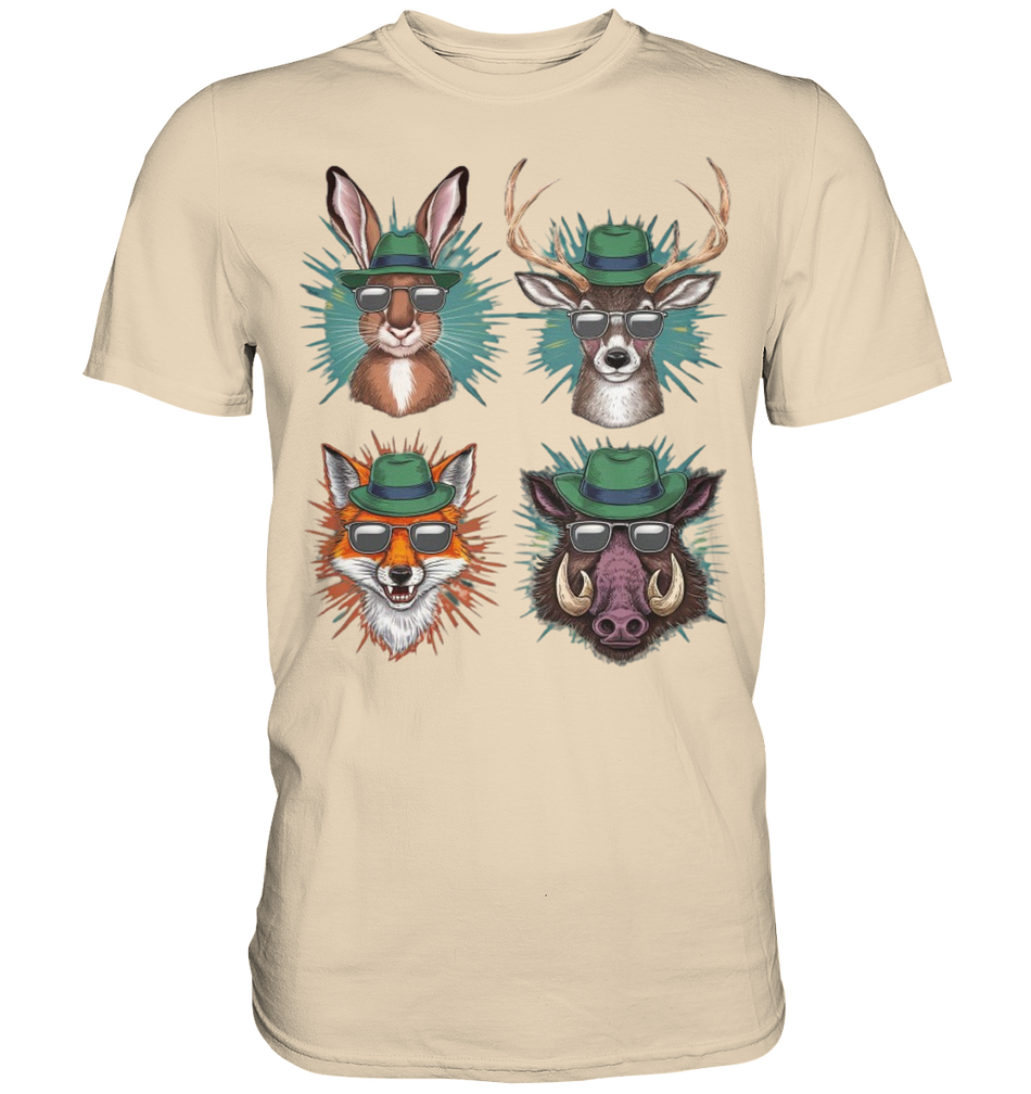 Wilde Jagd-Styles Shirt, sandfarbenes Shirt mit Hase, Hirsch, Fuchs und Wildschwein in Hut und Sonnenbrille