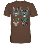 Wilde Jagd-Styles Shirt, kastanienbraunes Shirt mit Motiv aus Hase, Hirsch, Fuchs und Wildschwein, Frontalansicht