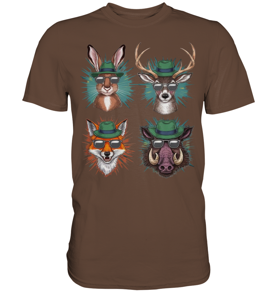 Wilde Jagd-Styles Shirt, kastanienbraunes Shirt mit Motiv aus Hase, Hirsch, Fuchs und Wildschwein, Frontalansicht