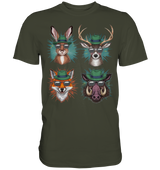 Wilde Jagd-Styles Shirt, olivgrünes Shirt mit Hase, Hirsch, Fuchs und Wildschwein in Hut und Sonnenbrille