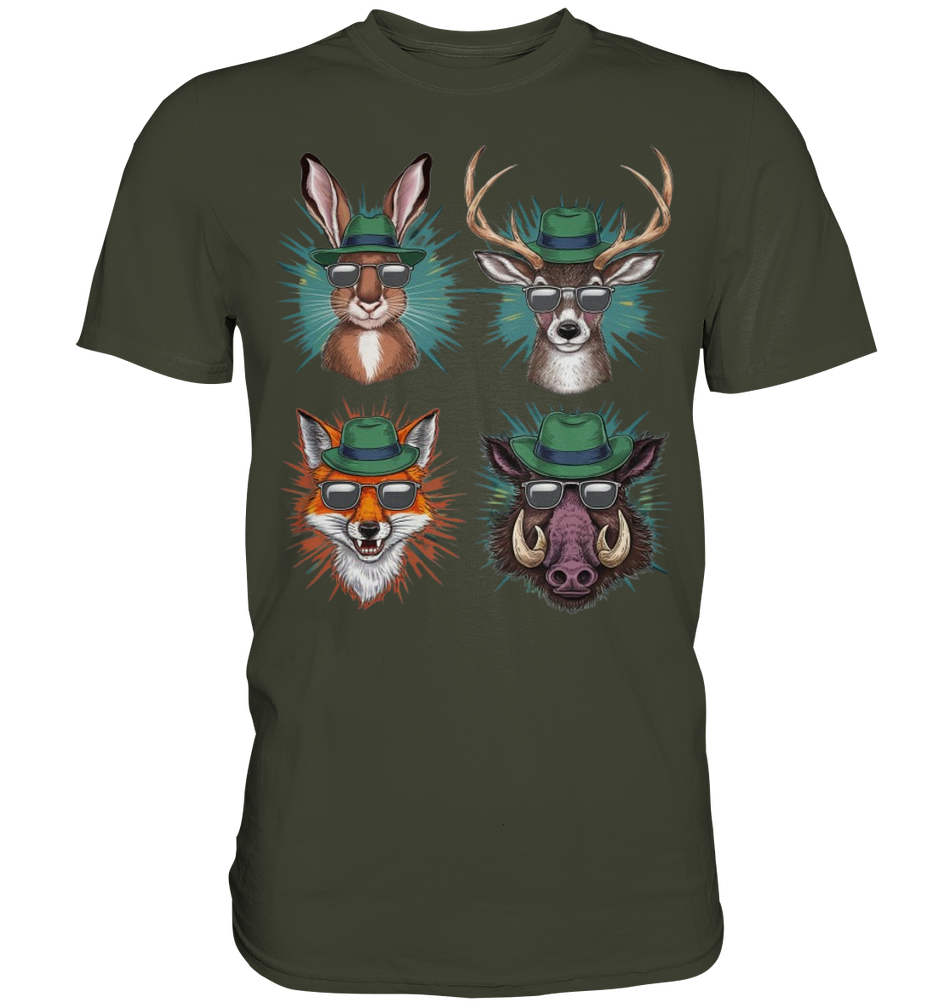 Wilde Jagd-Styles Shirt, olivgrünes Shirt mit Hase, Hirsch, Fuchs und Wildschwein in Hut und Sonnenbrille