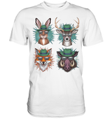 Wilde Jagd-Styles Shirt, weißes Shirt mit Hase, Hirsch, Fuchs und Wildschwein in Hut und Sonnenbrille, Frontalansicht