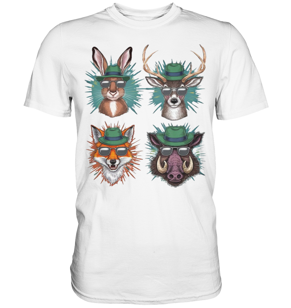 Wilde Jagd-Styles Shirt, weißes Shirt mit Hase, Hirsch, Fuchs und Wildschwein in Hut und Sonnenbrille, Frontalansicht