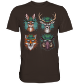 Wilde Jagd-Styles Shirt, dunkelbraunes Shirt mit Motiv aus Hase, Hirsch, Fuchs und Wildschwein, Frontalansicht