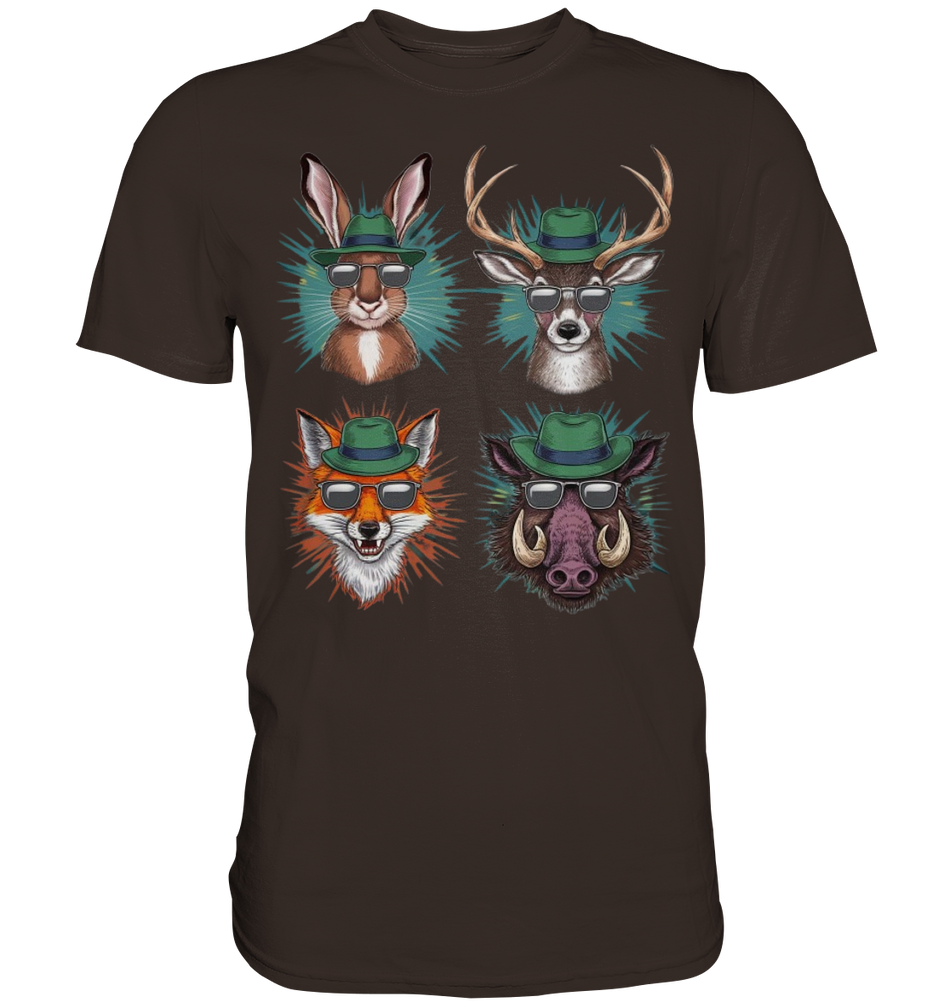 Wilde Jagd-Styles Shirt, dunkelbraunes Shirt mit Motiv aus Hase, Hirsch, Fuchs und Wildschwein, Frontalansicht