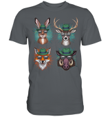 Wilde Jagd-Styles Shirt, dunkelgraues Shirt mit Hase, Hirsch, Fuchs und Wildschwein in Hut und Sonnenbrille