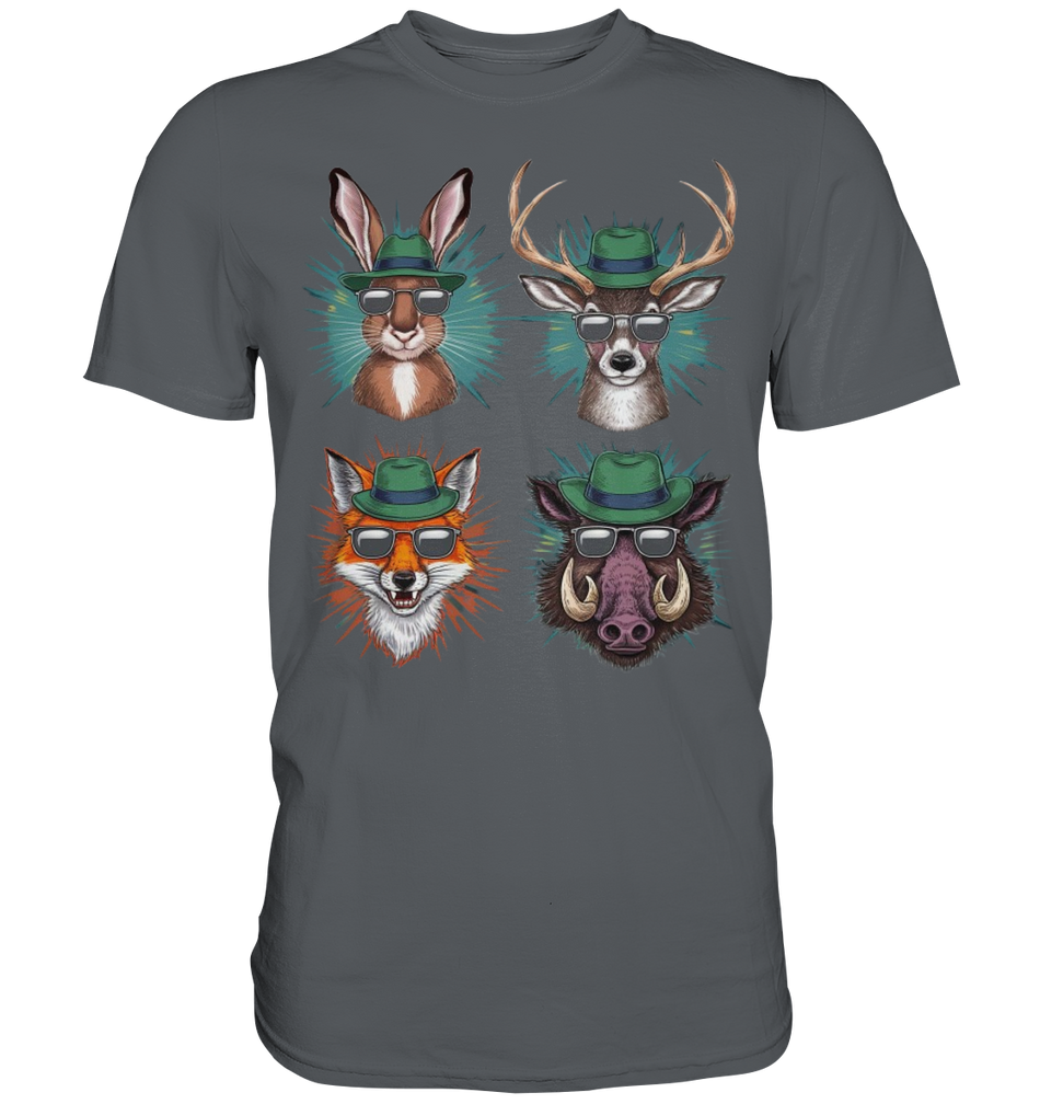 Wilde Jagd-Styles Shirt, dunkelgraues Shirt mit Hase, Hirsch, Fuchs und Wildschwein in Hut und Sonnenbrille