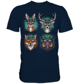 Wilde Jagd-Styles Shirt, dunkelblaues Shirt mit Hase, Hirsch, Fuchs und Wildschwein mit Sonnenbrille, Brustdruck