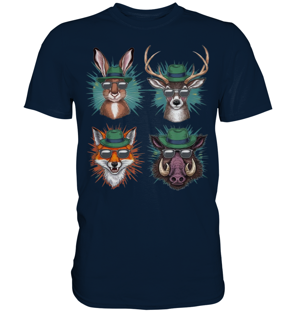 Wilde Jagd-Styles Shirt, dunkelblaues Shirt mit Hase, Hirsch, Fuchs und Wildschwein mit Sonnenbrille, Brustdruck