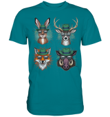 Wilde Jagd-Styles Shirt, petrolfarbenes Shirt mit Hase, Hirsch, Fuchs und Wildschwein in Hut und Sonnenbrille