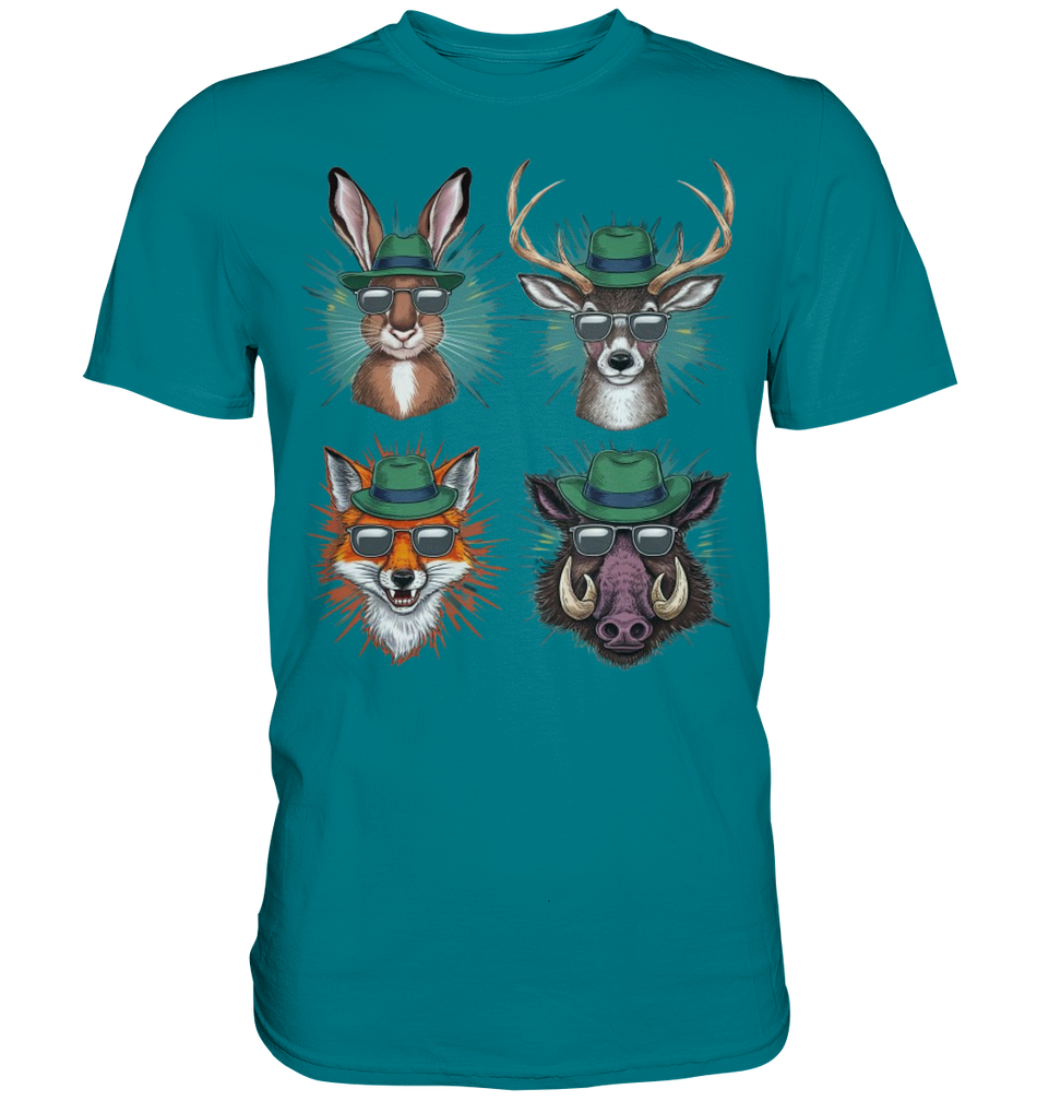 Wilde Jagd-Styles Shirt, petrolfarbenes Shirt mit Hase, Hirsch, Fuchs und Wildschwein in Hut und Sonnenbrille